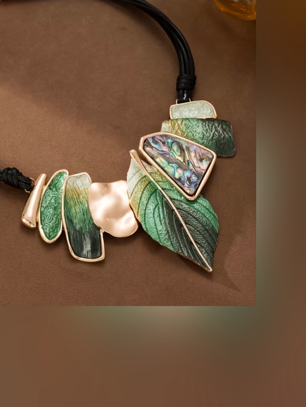 Green Abalone Shell Leaf Statement Necklace with Gold Accents. No Tarnish.